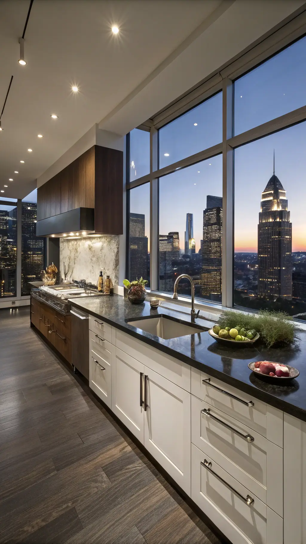 Expansive open-concept kitchen at twilight featuring black granite backsplash, walnut island, white cabinets, mixed metal fixtures and accessorized with fresh herbs and ceramics; cityscape view through double-height windows; shot from an elevated perspective with blended ambient and accent lighting.