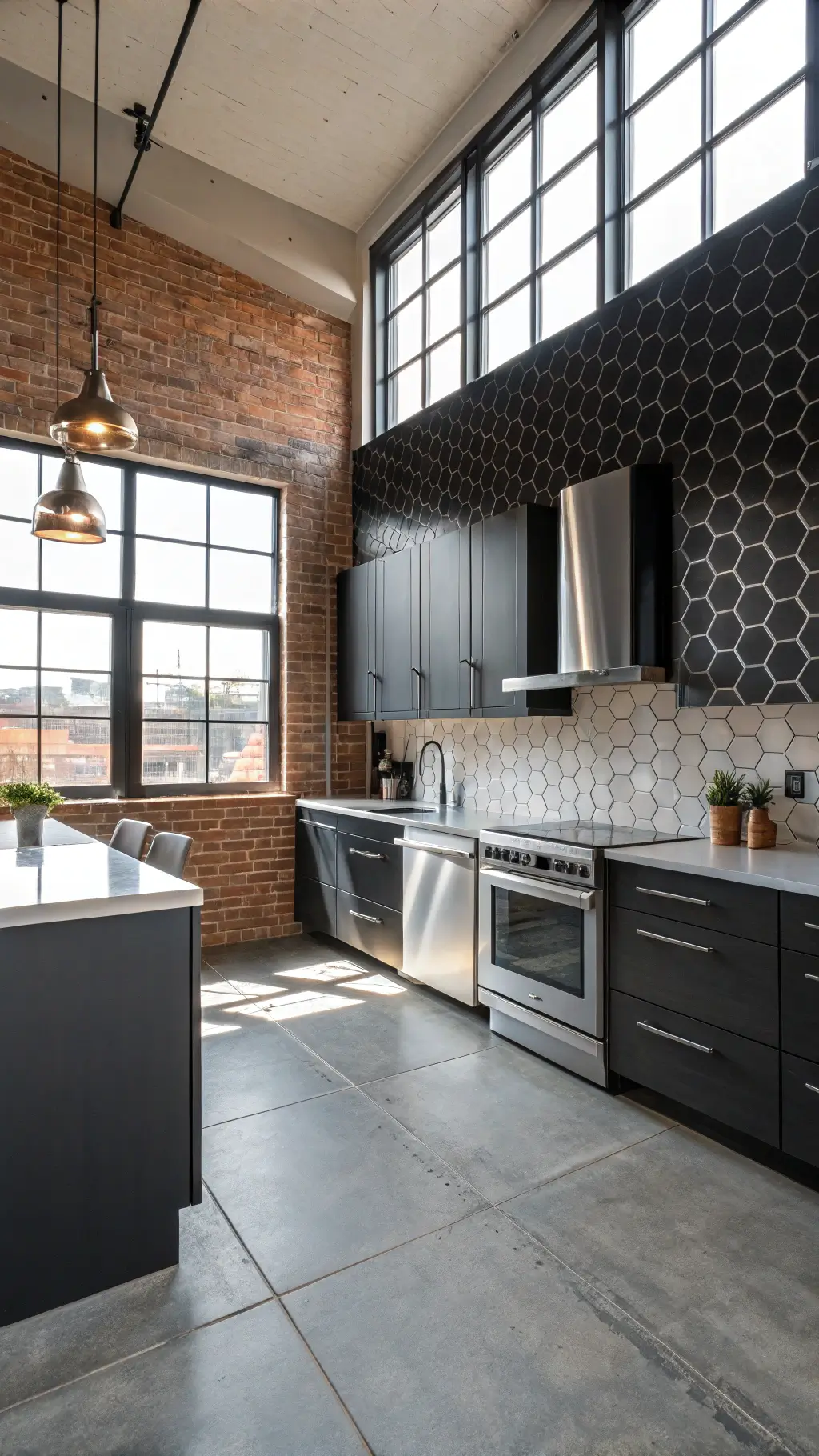 Loft kitchen with hexagonal black tile backsplash, concrete floors, exposed brick walls, stainless appliances, industrial lights, and minimalist décor in neutral tones, bathed in diffused natural light from frosted windows