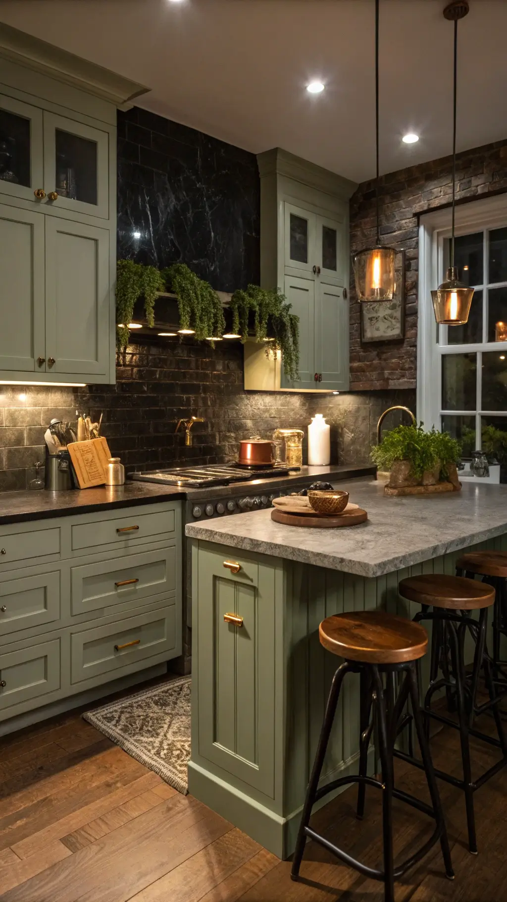 A cozy, sage-green kitchen at dusk featuring black marble backsplash, butcher block island with vintage stools, potted herbs, and copper cookware accents under warm, moody lighting.