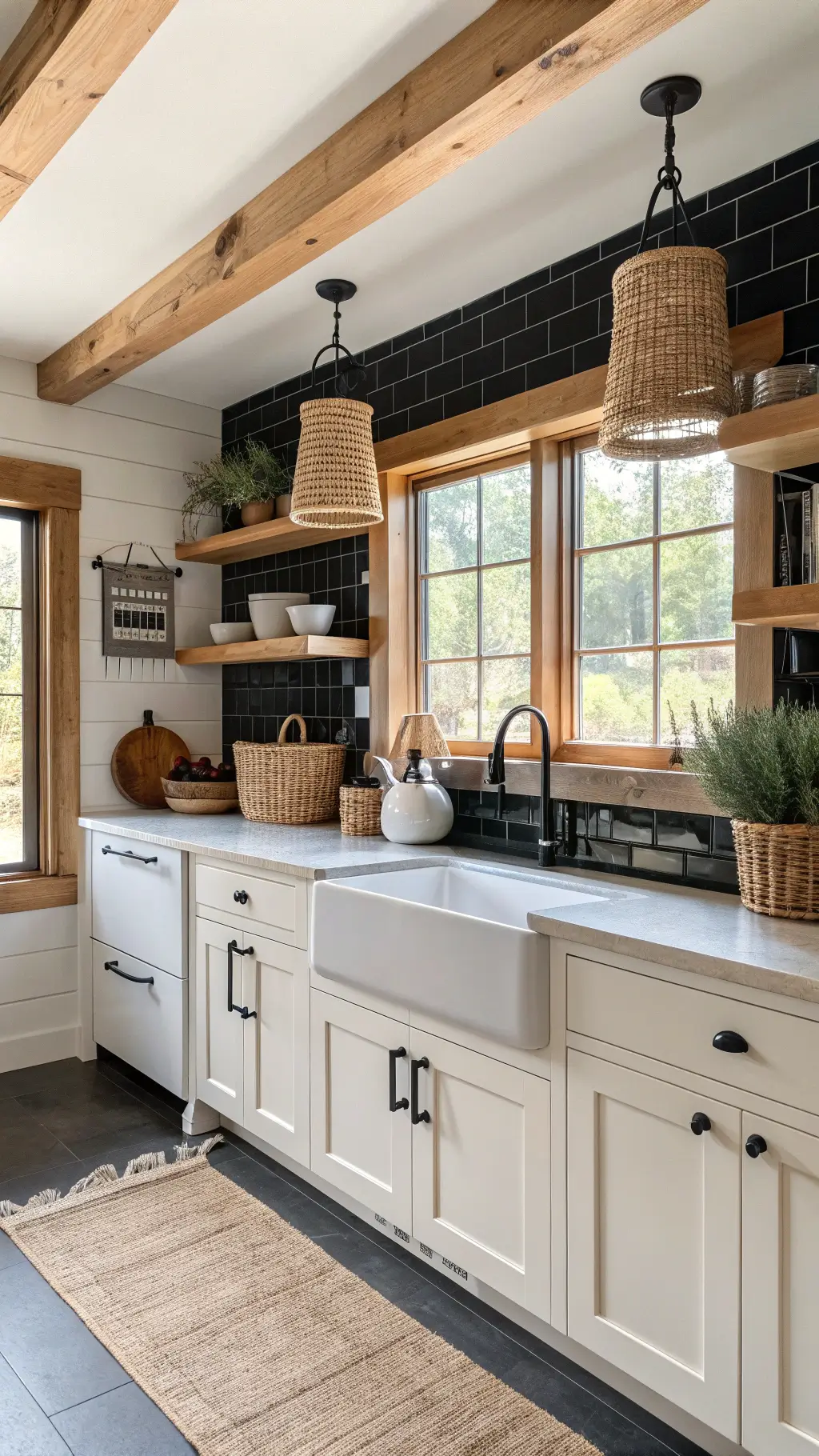 Modern farmhouse kitchen bathed in morning light, featuring matte black subway tile backsplash, creamy white Shaker cabinets, reclaimed wood beams, and black iron hardware. Styling accents include woven baskets and ceramic vessels.