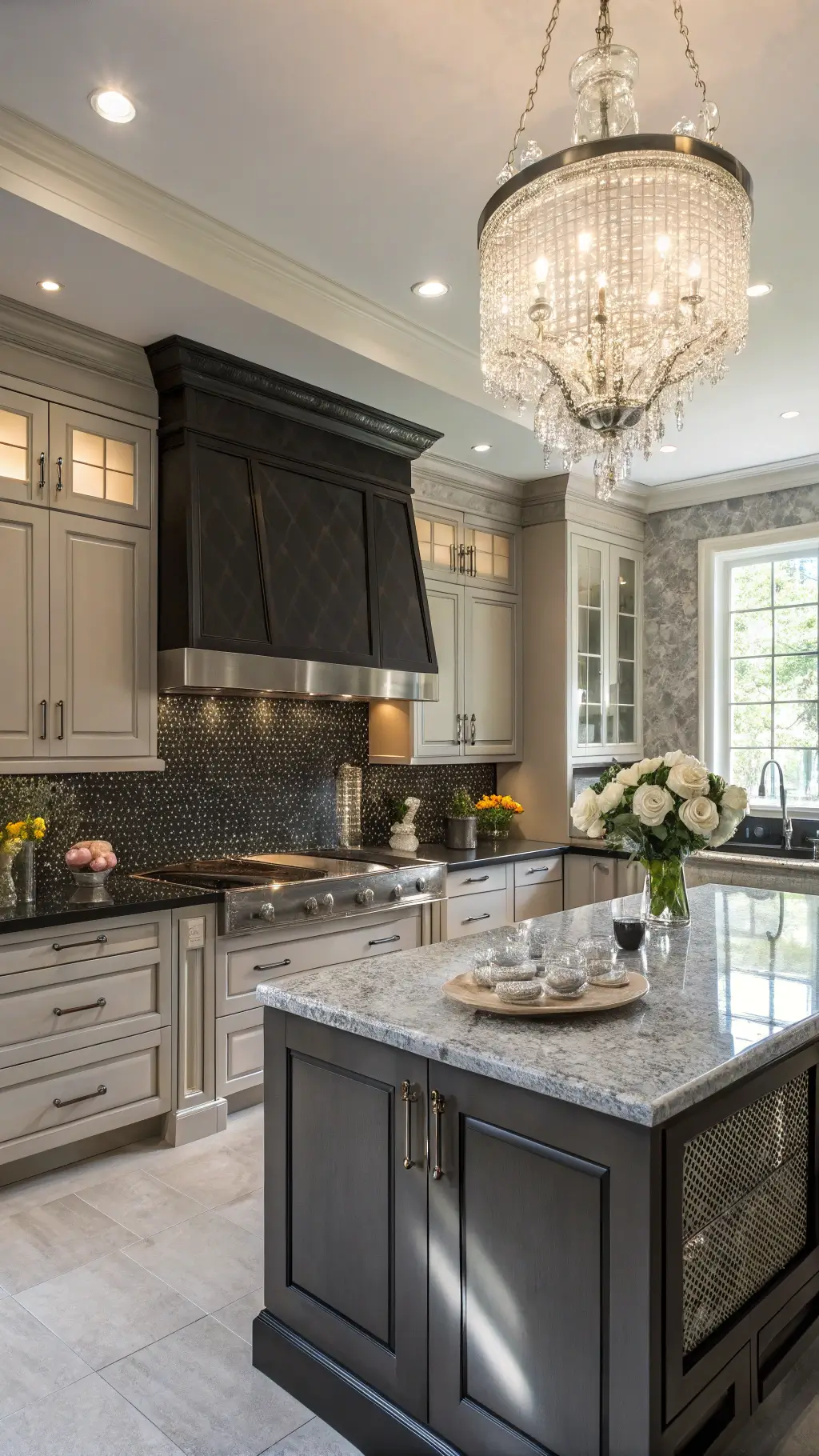 Luxe transitional kitchen with black glass mosaic backsplash, dove grey cabinets, marble countertops, crystal chandelier, fresh flowers, and silver accessories, under bright natural light and shot from the entrance.
