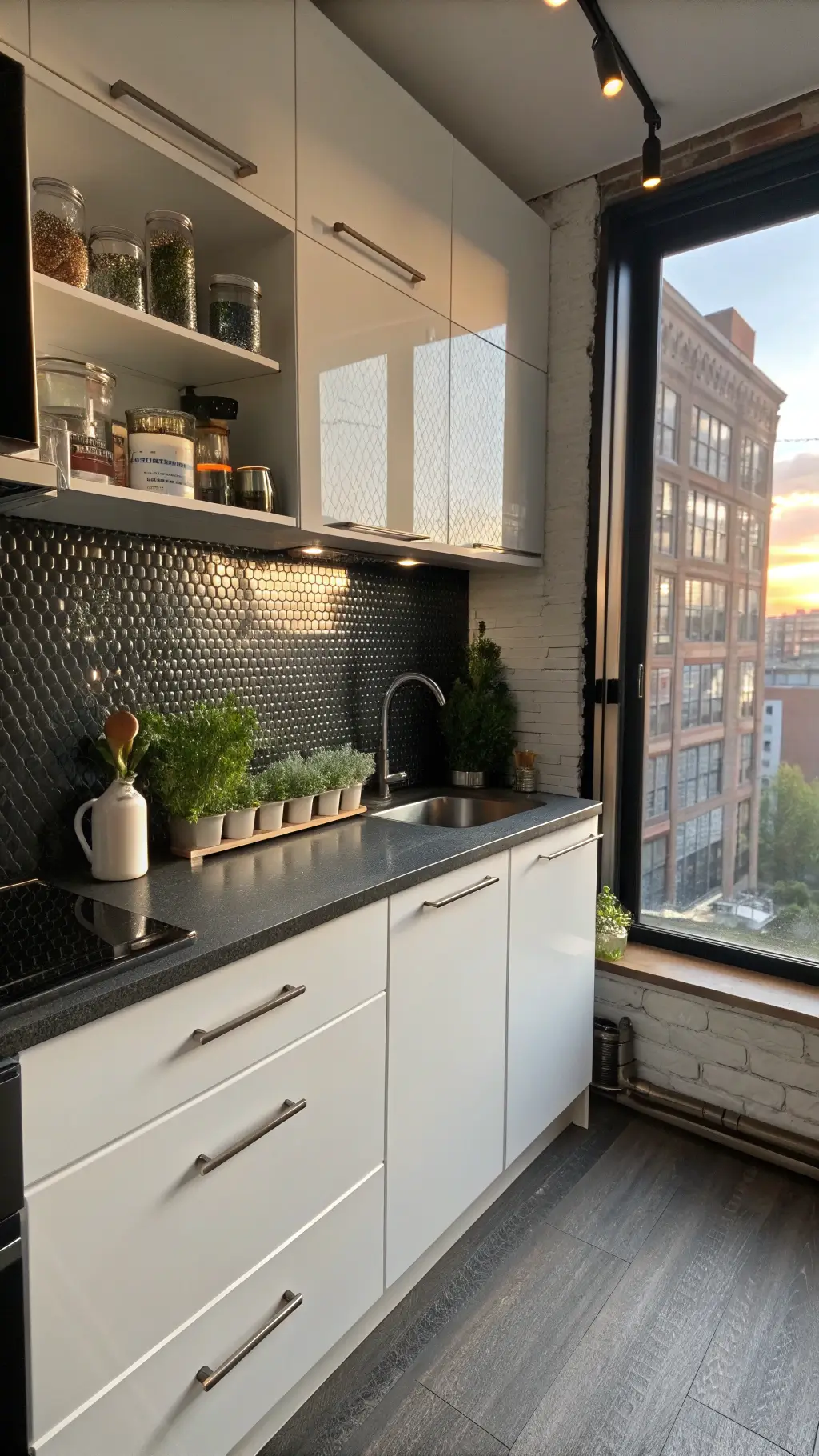 Early morning sunlight illuminating a compact urban kitchen with white lacquer cabinets, floating shelves, a small herb garden, and a glossy black penny tile backsplash, viewed from the hallway.