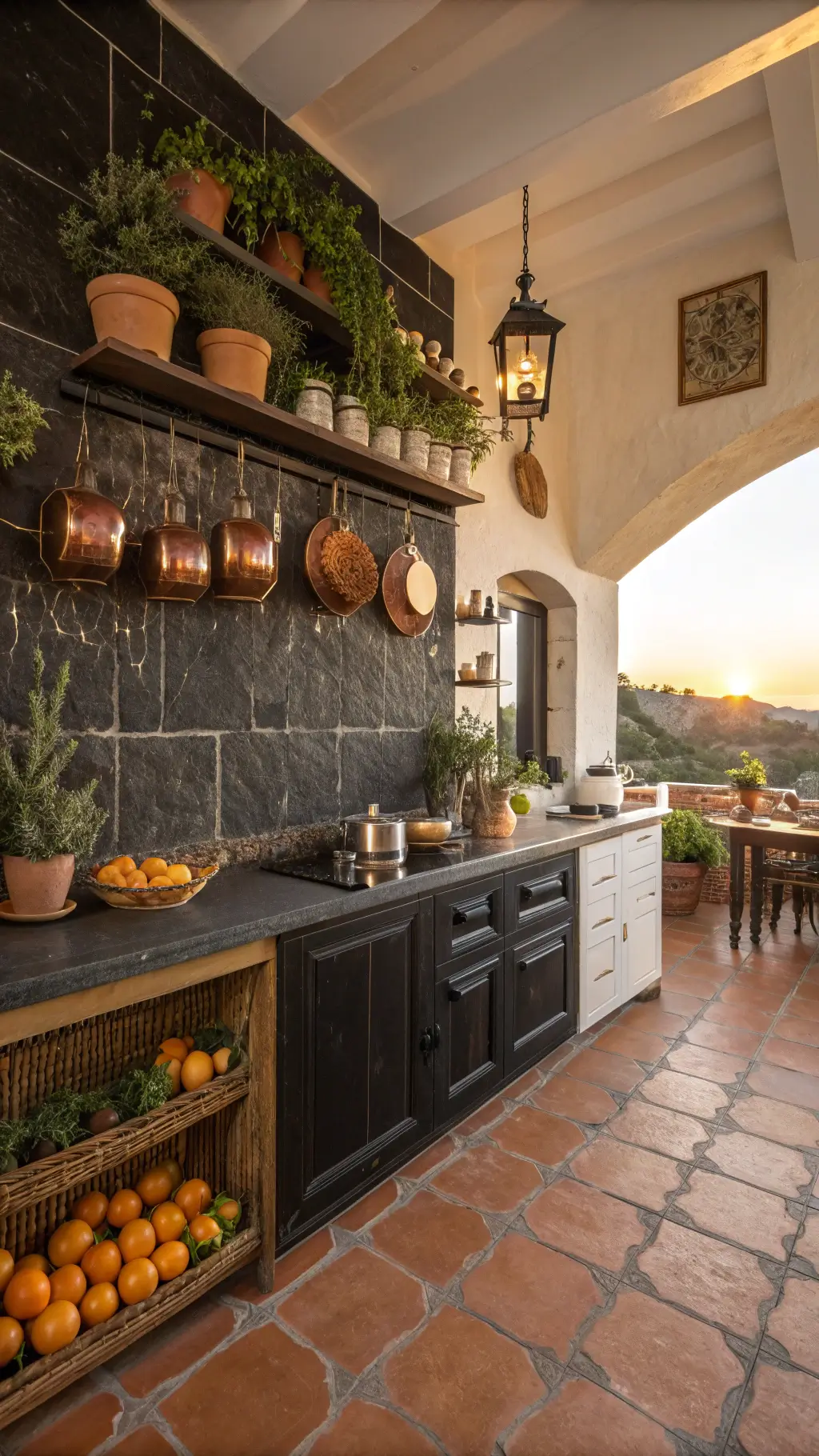 Mediterranean-inspired kitchen bathed in a warm golden hour light featuring a black stone backsplash, terra cotta floor tiles, open shelving with pottery collection, copper pots hanging from a ceiling rack, and a counter adorned with citrus fruits and fresh herbs.