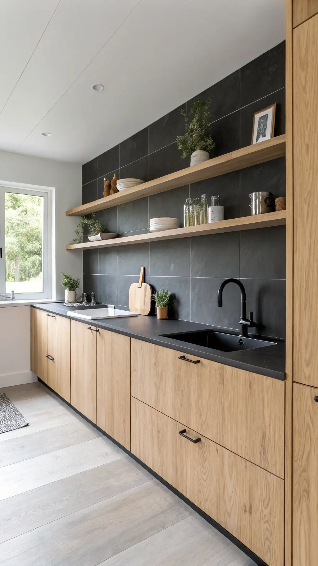 Scandinavian minimalist kitchen featuring blonde wood cabinets, black porcelain slab backsplash, white oak floating shelves, and black faucet with minimal hardware, bathed in diffused midmorning light