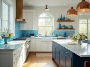 "Sunlit coastal kitchen with azure subway tile backsplash, white cabinets, Carrara marble countertops, navy blue island, and wooden floating shelves with blue vintage glass bottles and fresh hydrangeas"