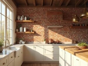 "Sunlit farmhouse kitchen with red brick backsplash, white cabinets, butcher block island, and marble countertops decorated with vintage copper cookware"