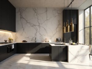"Sunlit contemporary kitchen with Calacatta marble backsplash, matte black cabinets, white oak flooring, and a large center island under brass pendant lights"