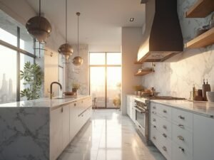 "Luxurious modern kitchen with floor-to-ceiling Calacatta marble backsplash, stainless steel appliances, quartz island, and white oak shelves under golden hour sunlight"