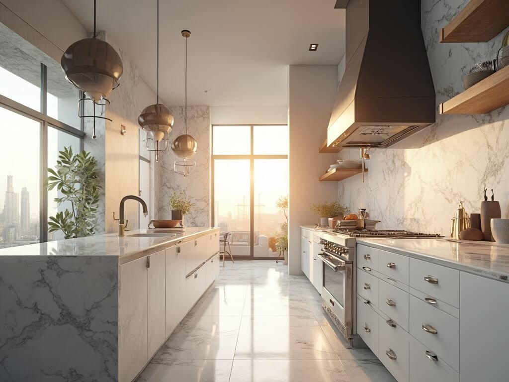 "Luxurious modern kitchen with floor-to-ceiling Calacatta marble backsplash, stainless steel appliances, quartz island, and white oak shelves under golden hour sunlight"