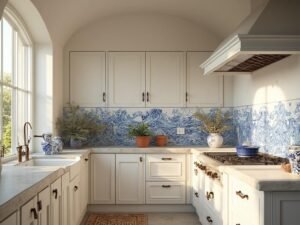 "Mediterranean coastal kitchen interior with handpainted blue and white tile backsplash, whitewashed cabinets, and limestone countertops illuminated by natural light"