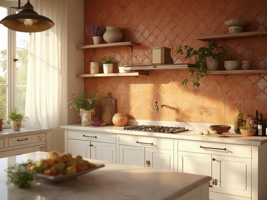 "Mediterranean kitchen with terracotta tiles, white oak cabinets and fresh herbs in sunlight"