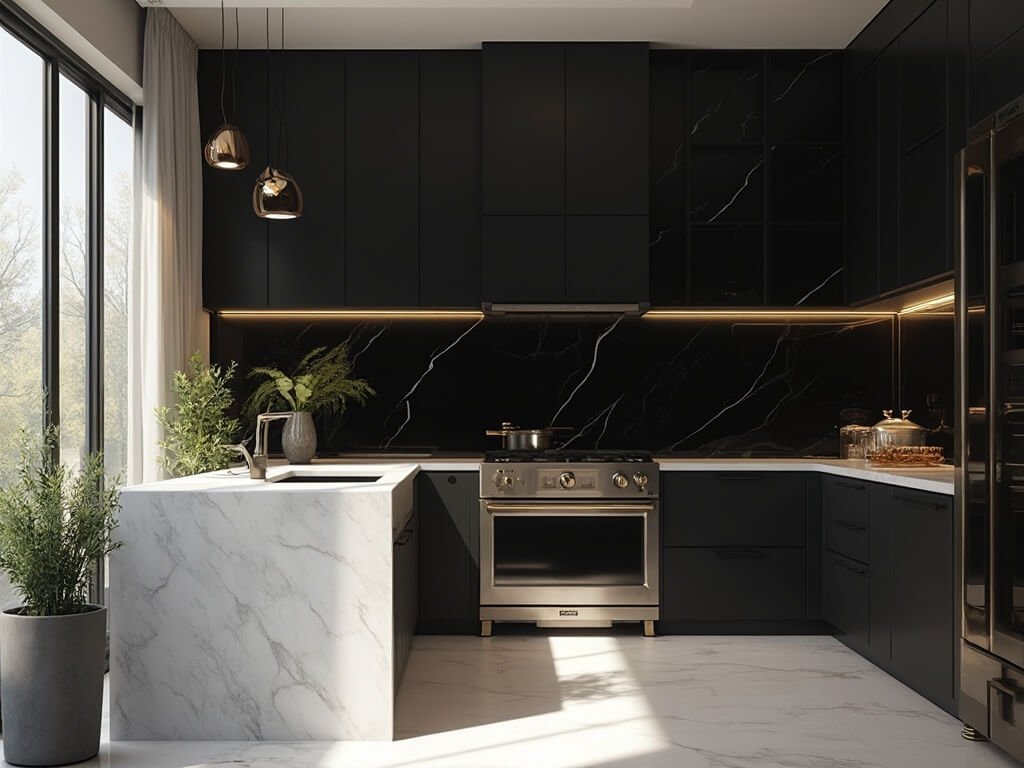 "Modern luxury kitchen with black glass backsplash, white quartz waterfall island, and professional appliances illuminated by morning sunlight and under-cabinet LED lighting"