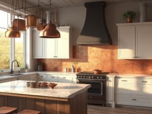 "Sunlit modern farmhouse kitchen with copper backsplash, white cabinets, walnut island, Carrara marble countertops, and hanging vintage copper pots"