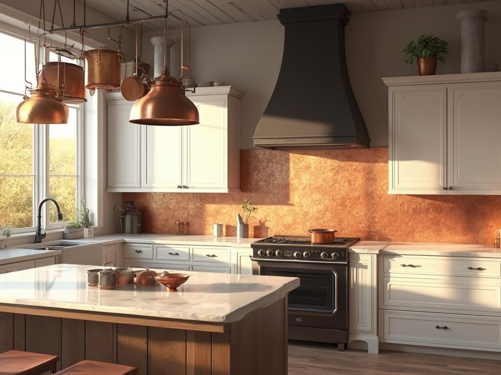 "Sunlit modern farmhouse kitchen with copper backsplash, white cabinets, walnut island, Carrara marble countertops, and hanging vintage copper pots"
