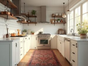 "Modern farmhouse kitchen with shiplap backsplash, cream cabinets, marble countertops, and vintage decor during golden hour"