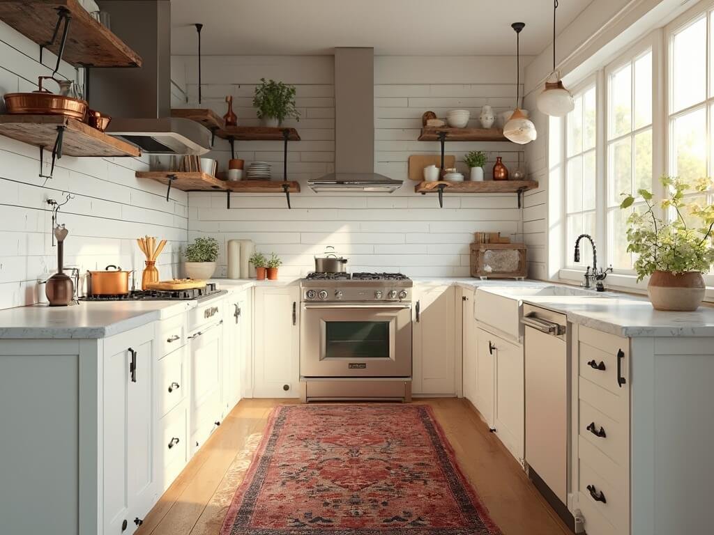 "Modern farmhouse kitchen with shiplap backsplash, cream cabinets, marble countertops, and vintage decor during golden hour"