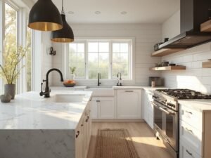 "Modern farmhouse kitchen with shiplap backsplash, quartz island, and warm pendant lights"