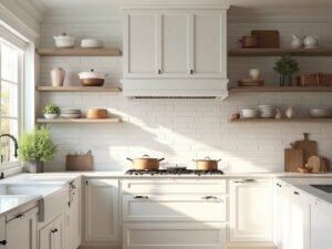 "Modern farmhouse kitchen with white subway tile backsplash, marble countertops, white oak shelves, and matte black fixtures in morning sunlight"