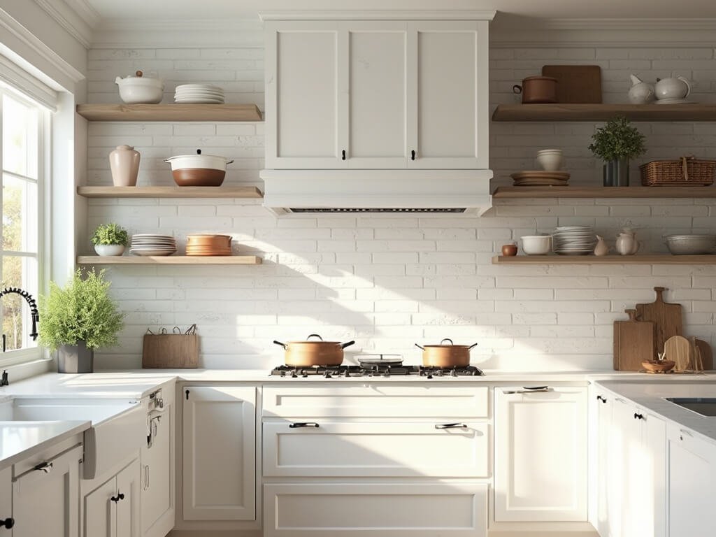 "Modern farmhouse kitchen with white subway tile backsplash, marble countertops, white oak shelves, and matte black fixtures in morning sunlight"