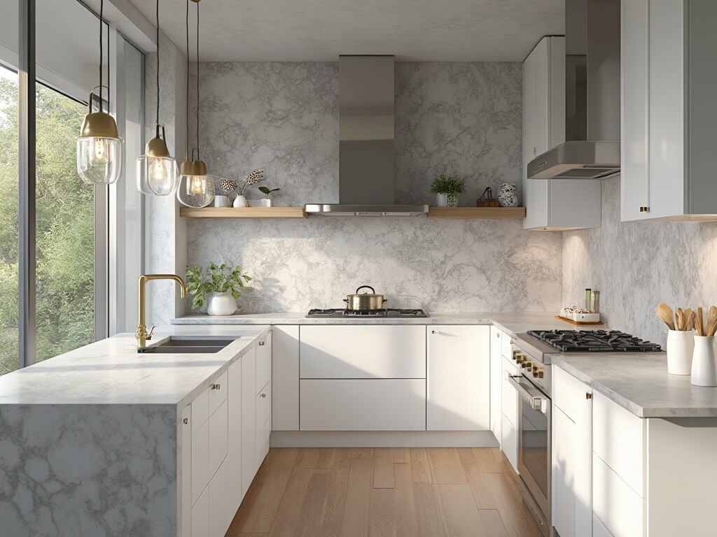 "Modern kitchen interior with grey hexagonal marble backsplash, white cabinets and quartz countertop under morning sunlight"