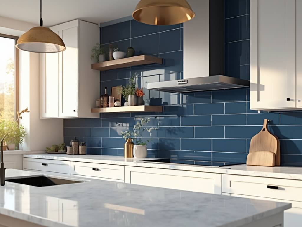 "Modern kitchen with navy blue tile backsplash, white cabinets, quartz countertops, and golden pendant lights, bathed in soft natural light from large windows"
