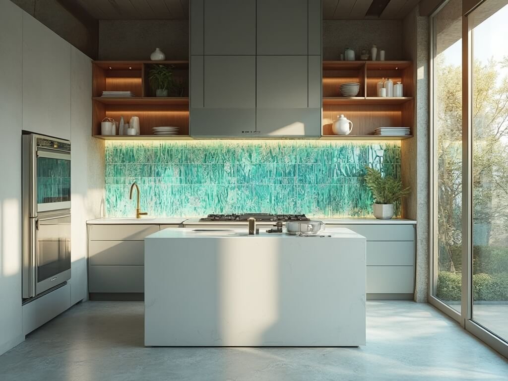"Modern luxury kitchen with blue-green glass tile backsplash, white quartz waterfall island, and oak floating shelves"