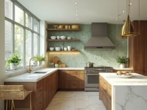 "Modern luxury kitchen with sage green herringbone tile backsplash, white quartz countertops, walnut cabinetry, marble island, floor-to-ceiling windows, morning sunlight, fresh herbs, and high-end appliances in 8K resolution photo"