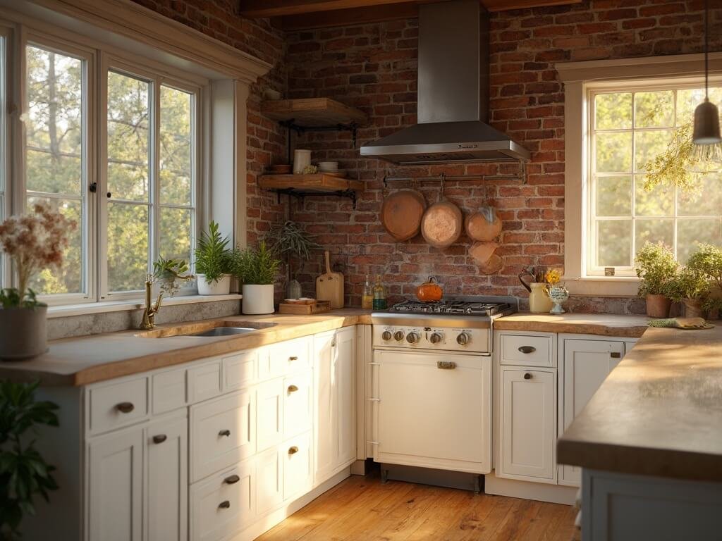 "Rustic kitchen with brick backsplash, white cabinets, oak floor, and natural light from large windows"