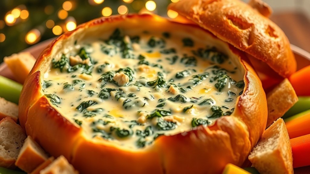 Three-Cheese Spinach Dip in Bread Bowl