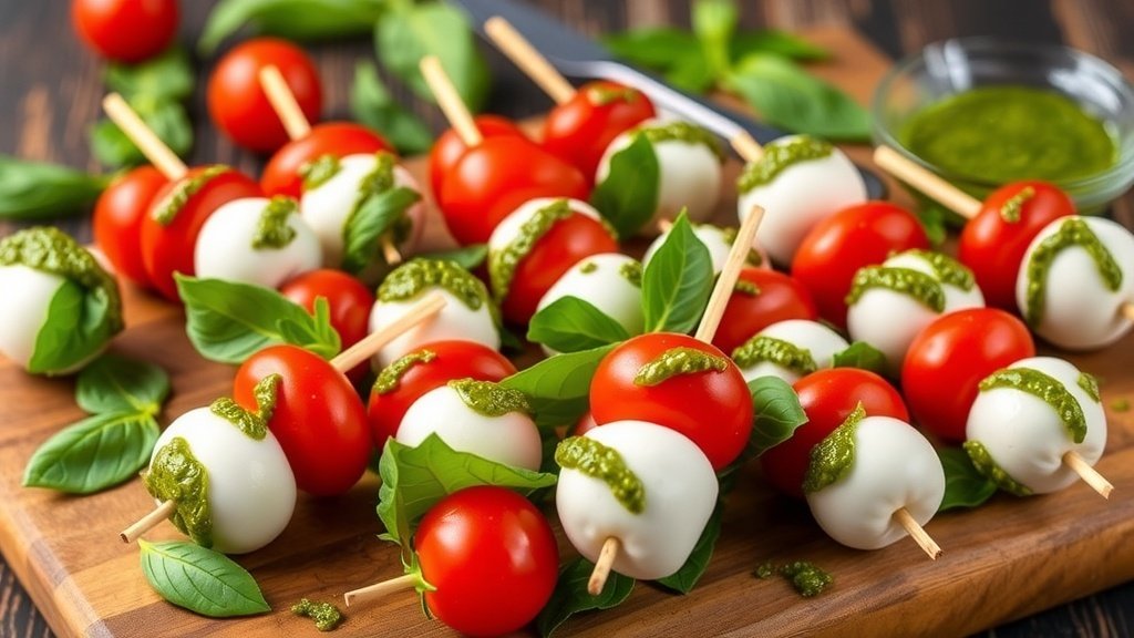 Mini Caprese Skewers with Pesto Drizzle