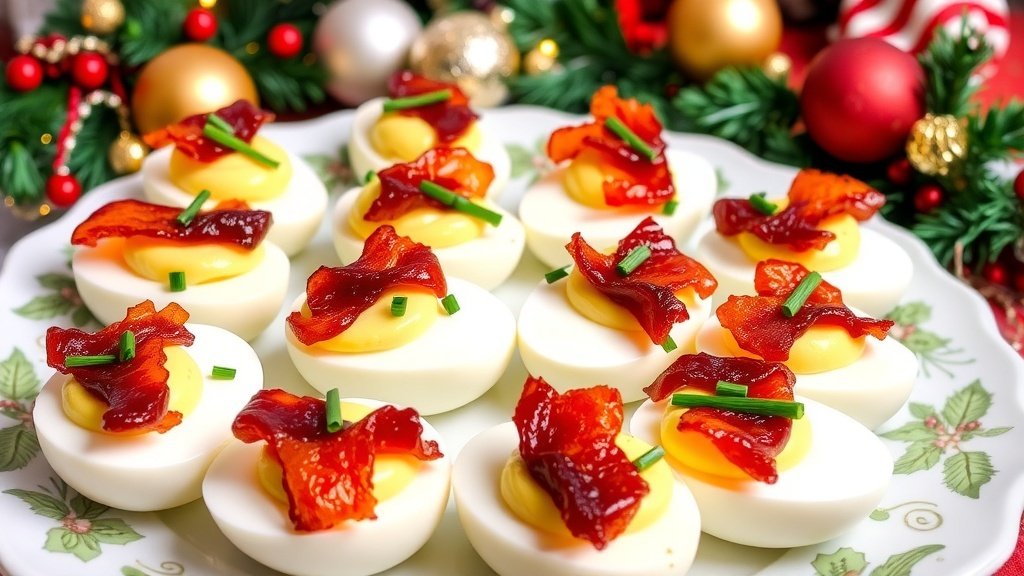Holiday Deviled Eggs with Candied Bacon