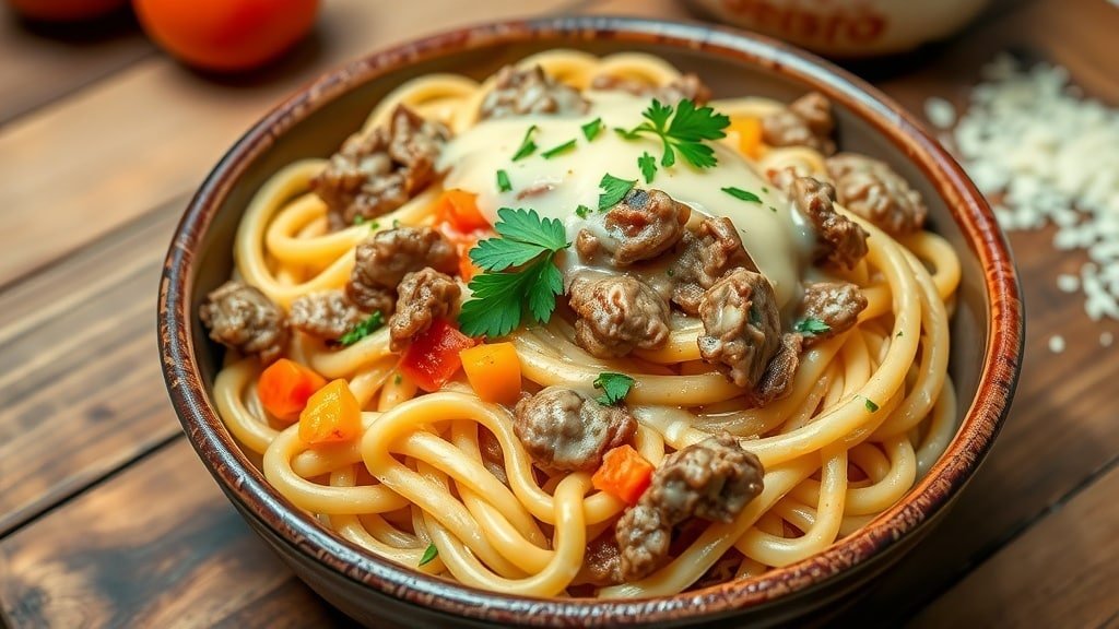 Crockpot Cheesesteak Pasta