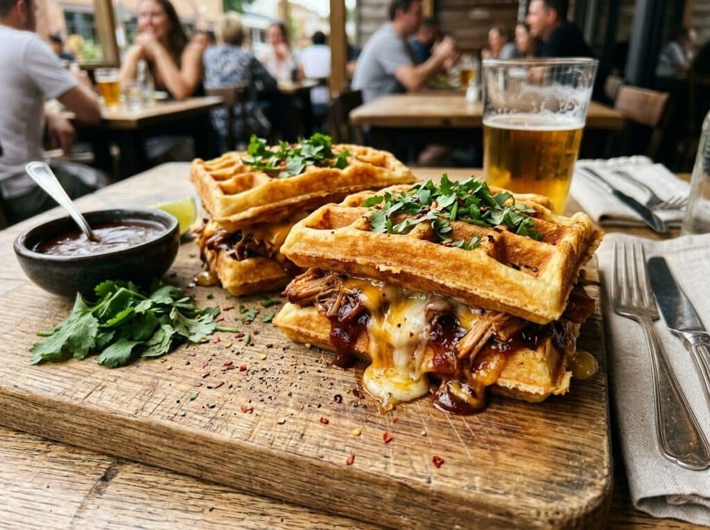 BBQ Chicken Stuffed Waffle Sandwiches