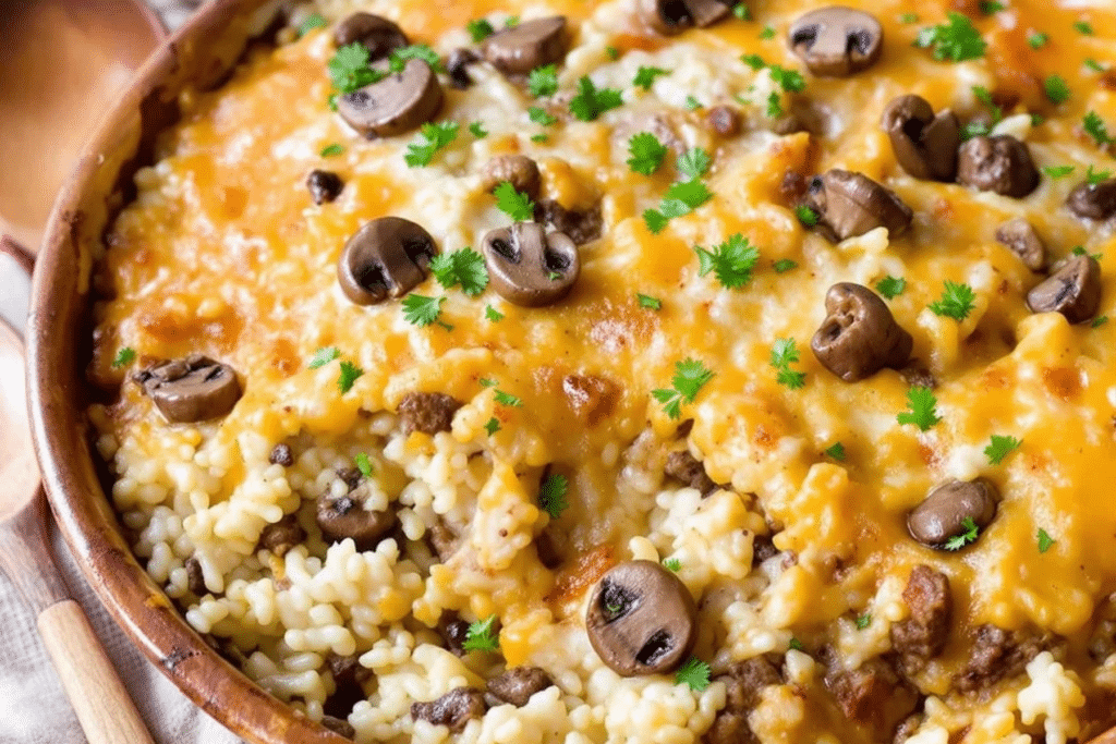 Beef and Mushroom Rice Bake