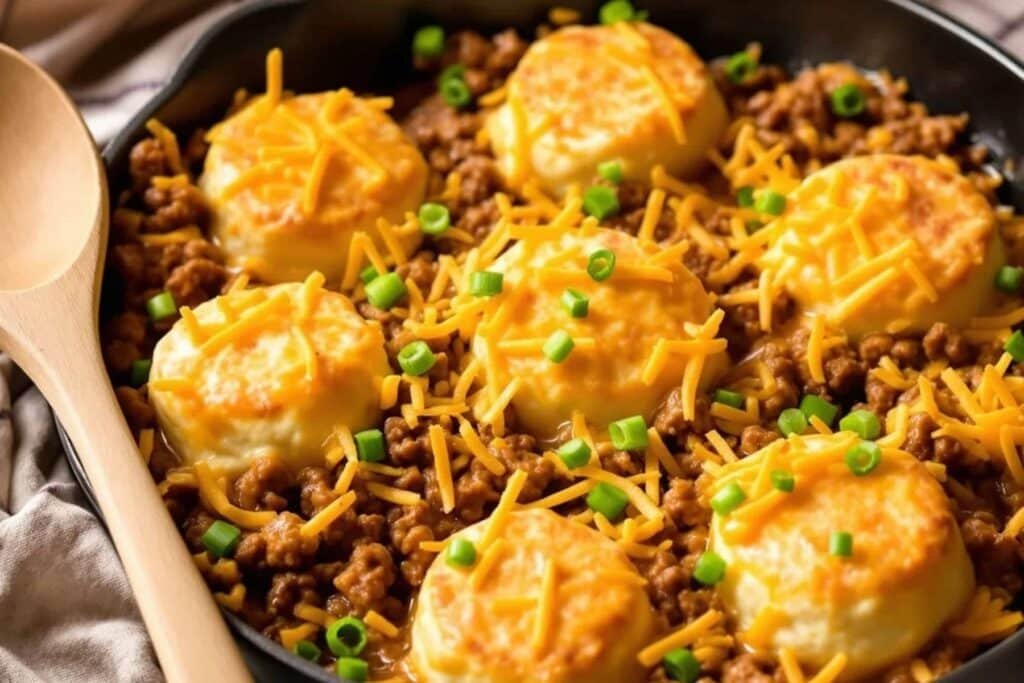 Cheesy Beef Biscuit Skillet
