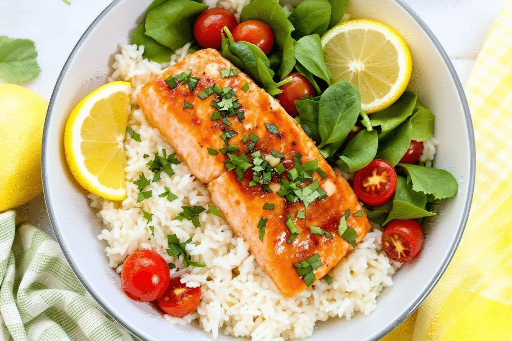 Lemon Garlic Salmon and Rice Bowl