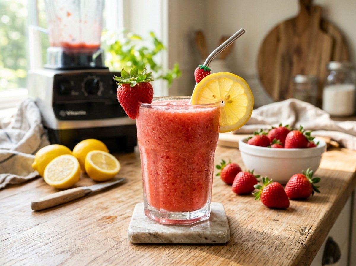 A glass of strawberry lemon detox smoothie garnished with a lemon slice and strawberry, on a sunny counter.