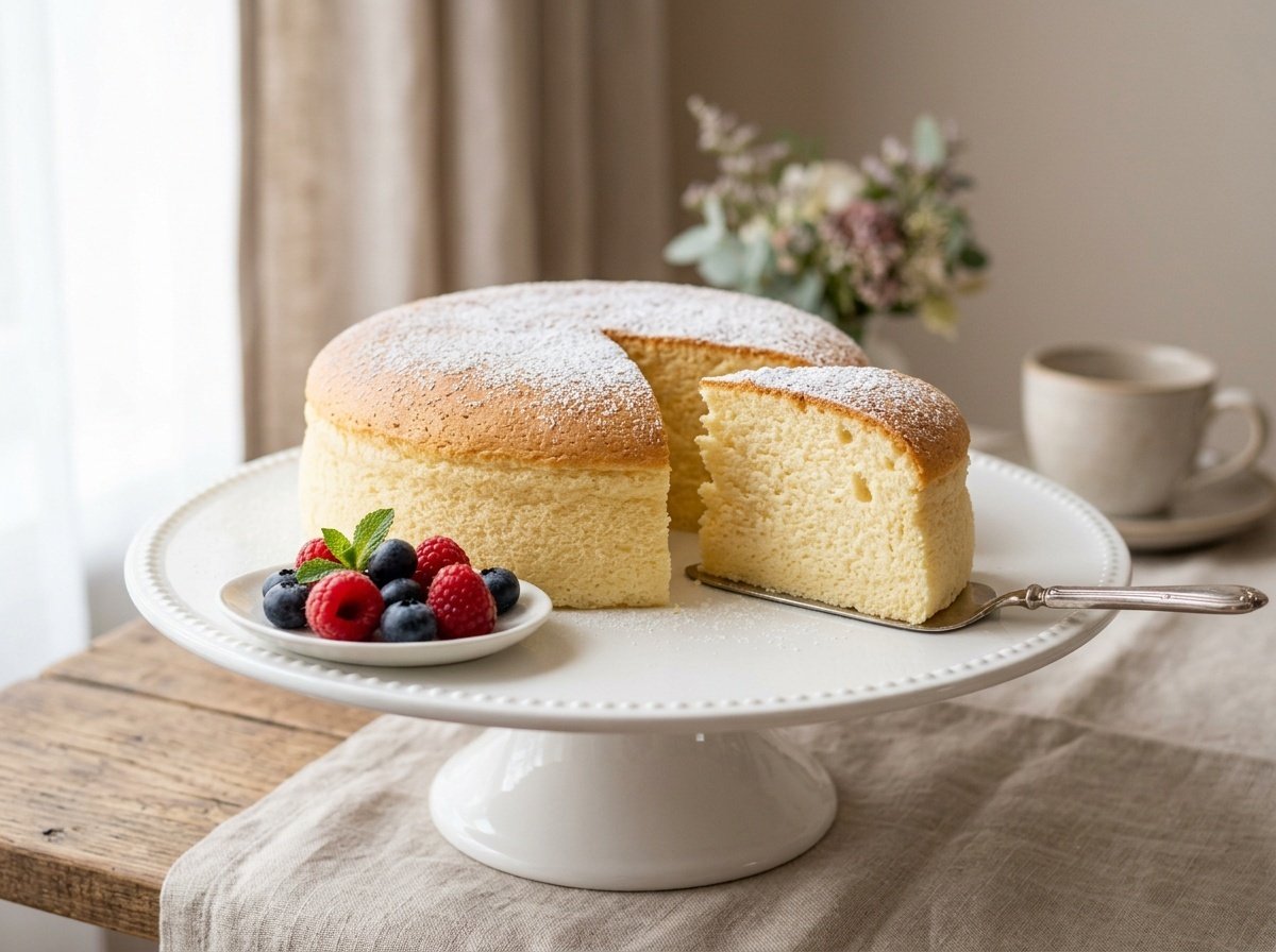 Fluffy Japanese Cotton Cheesecake Recipe Fluffy Japanese Cotton Cheesecake on a cake stand, showcasing its golden top and soft texture, with a slice cut out and berries on the side.