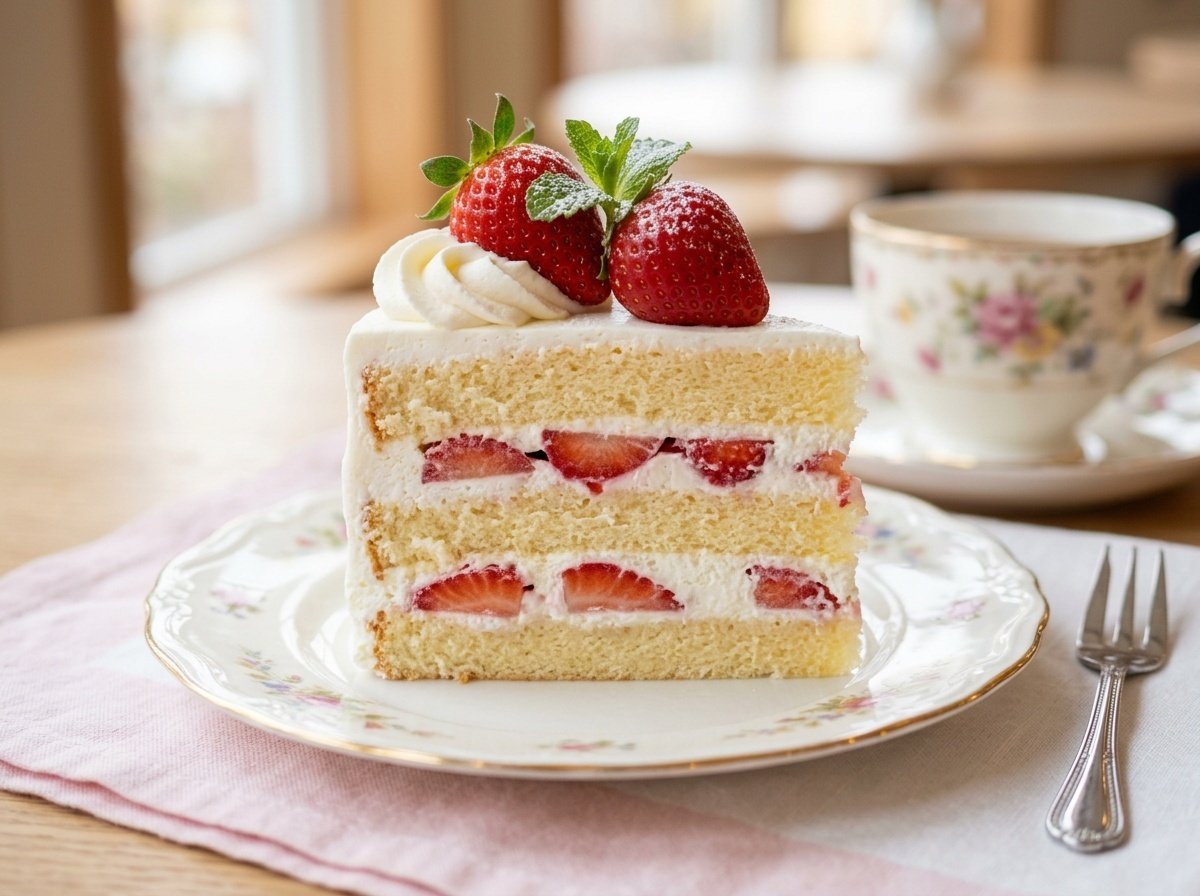 A slice of Japanese Strawberry Shortcake with layers of sponge cake, whipped cream, and strawberries, beautifully presented on a china plate.