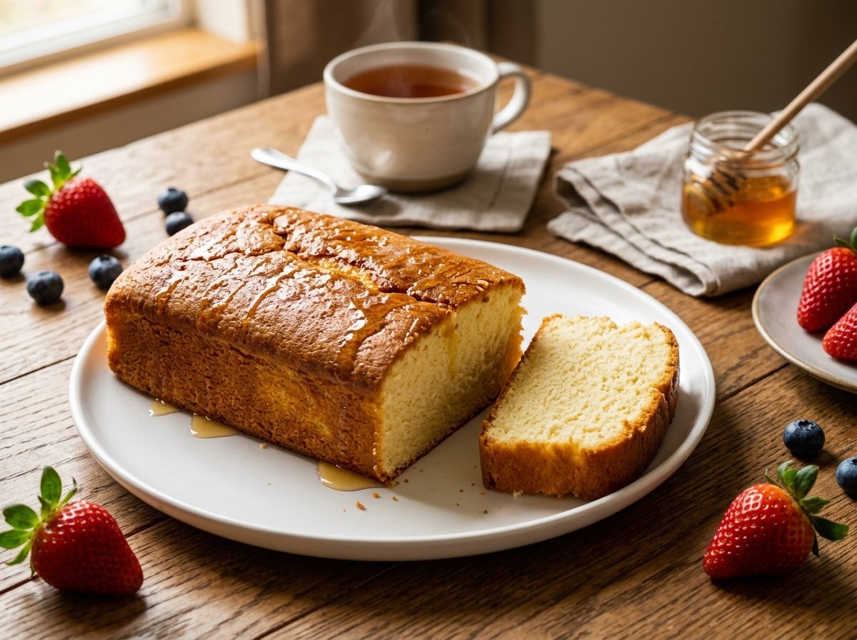 A soft Japanese Castella Cake on a white plate, honey drizzled, with fresh strawberries and a cup of tea.