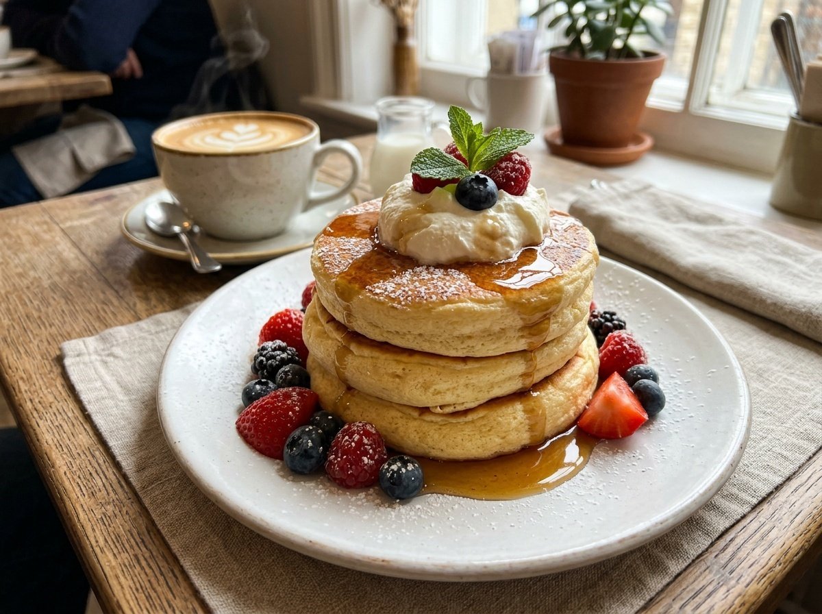 Fluffy Japanese Soufflé Pancakes Recipe Fluffy Japanese soufflé pancakes with maple syrup and fresh berries on a breakfast table.