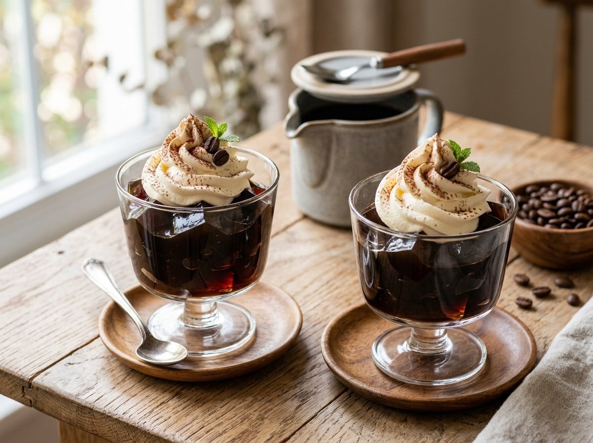 Refreshing Japanese Coffee Jelly with Creamy Vanilla Topping Japanese Coffee Jelly in clear cups topped with vanilla cream, set on a light wooden table with coffee beans.