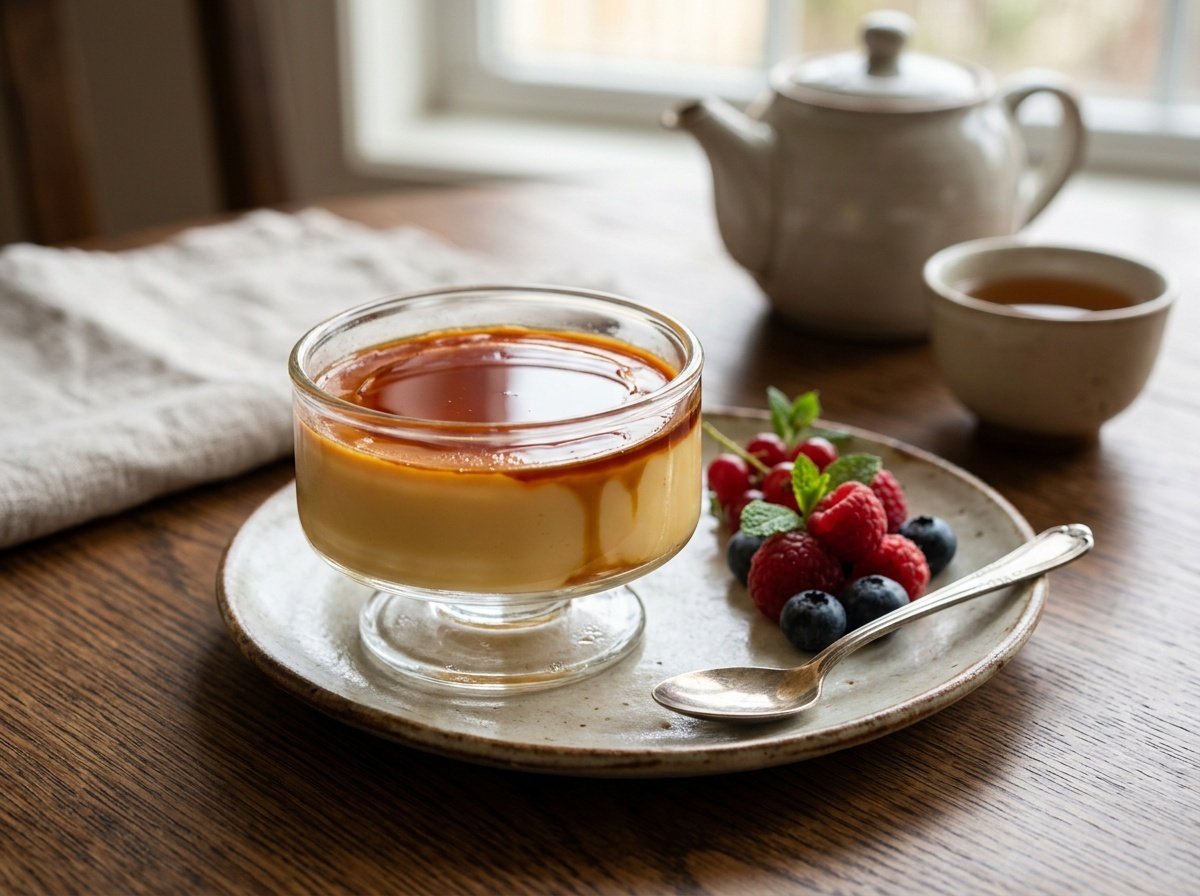 Silky Japanese Purin Custard with Rich Caramel Sauce Silky Japanese purin custard with rich caramel sauce in a ramekin, garnished with fresh berries on a wooden table.