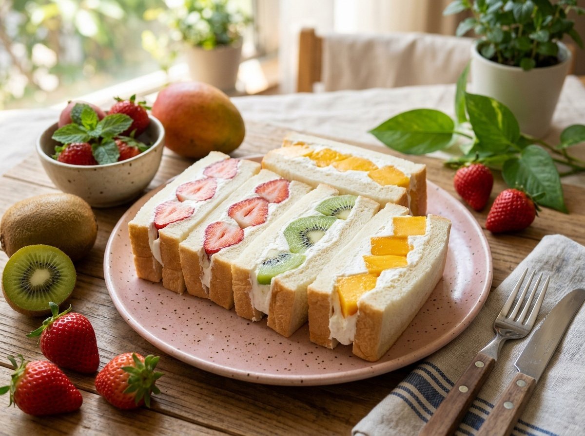 Colorful Japanese Fruit Sandwiches with Fluffy Whipped Cream Colorful Japanese fruit sandwiches with whipped cream and fresh fruit, served on a bright plate.
