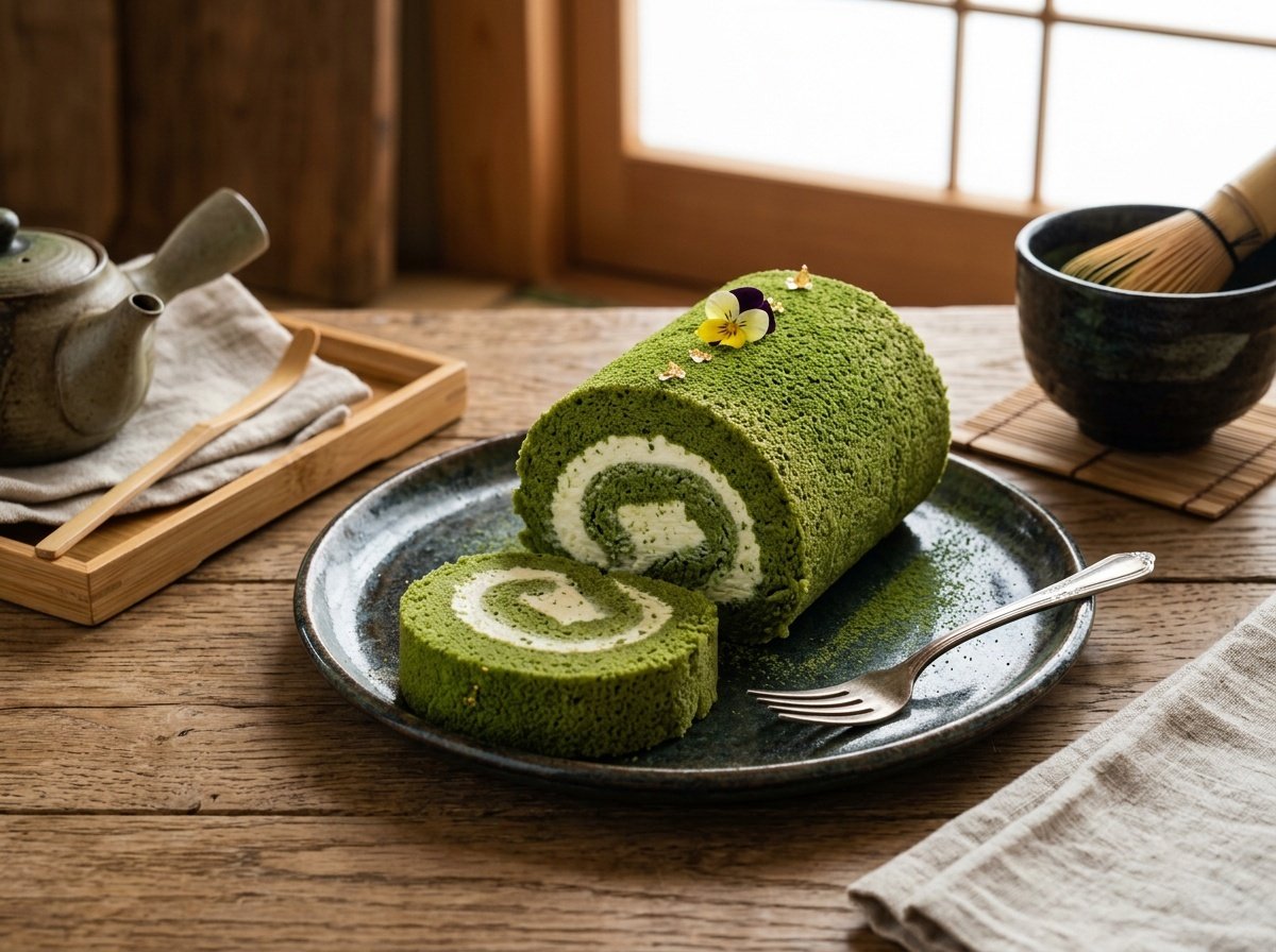 Beautiful Japanese Matcha Roll Cake with creamy filling, dusted with matcha powder, illuminated on a rustic wooden table.