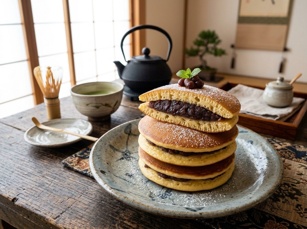 Stack of Japanese dorayaki pancakes with red bean filling on a delicate plate in a traditional tea setting.