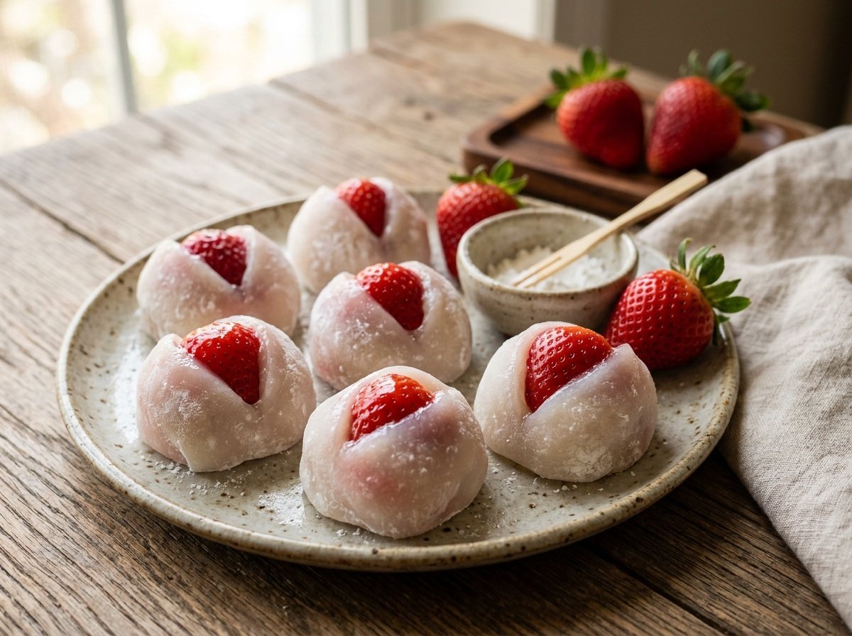 Soft strawberry mochi with juicy strawberries inside, dusted with cornstarch, on a wooden table.