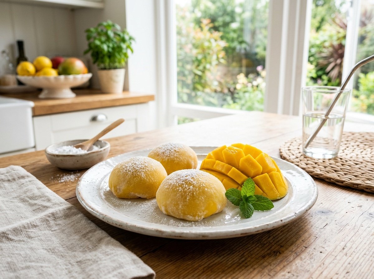 Tropical Mango Mochi with Creamy Coconut Filling A colorful presentation of mango mochi on a plate with fresh mango, emphasizing its tropical flavor.