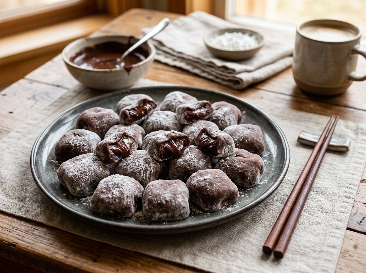 Chewy Chocolate Mochi with a Rich Fudgy Center Recipe A plate of chocolate mochi with fudge centers, dusted with cornstarch, ready to be enjoyed.