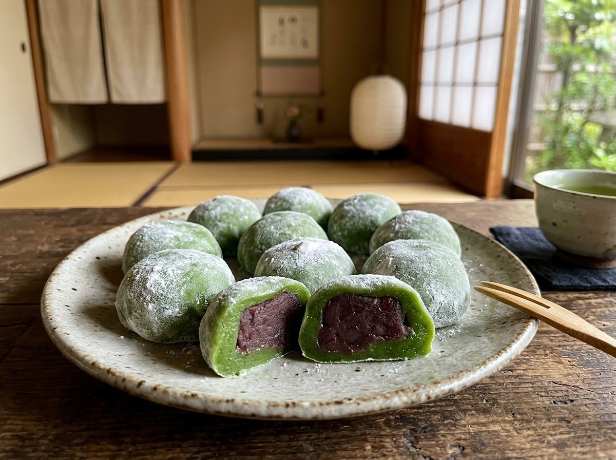 Earthy Matcha Mochi Recipe A plate of green matcha mochi with red bean filling, dusted with cornstarch on a decorative table.